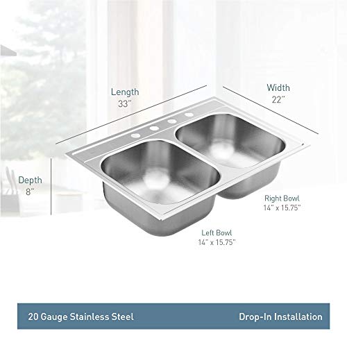 Moen GS202134Q 2000 Series 33-inch 20 Gauge Drop-in Double Bowl Stainless Steel Kitchen Sink, Featuring QuickMount