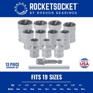 ROCKETSOCKET | 13 Piece Impact Grade Extraction Socket Set | Made in USA | ⅜” Drive | Remove stripped, frozen, rounded-off Bolts, Nuts & Screws