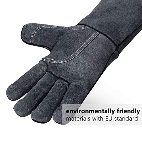 OZERO 932℉ Forge Welding Gloves 14-inch Heat Resistant Leather Grill BBQ Glove with Flame Retardant Long Sleeve and Insulated Lining for Men and Women Gray