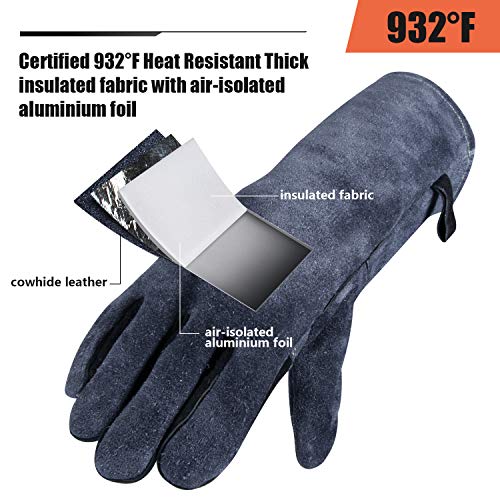 OZERO 932℉ Forge Welding Gloves 14-inch Heat Resistant Leather Grill BBQ Glove with Flame Retardant Long Sleeve and Insulated Lining for Men and Women Gray