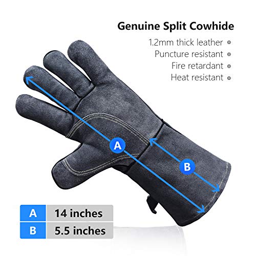 OZERO 932℉ Forge Welding Gloves 14-inch Heat Resistant Leather Grill BBQ Glove with Flame Retardant Long Sleeve and Insulated Lining for Men and Women Gray