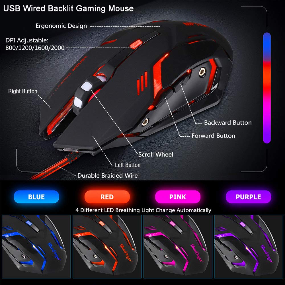 RGB 87 Keys Gaming Keyboard and Backlit Mouse Combo,BlueFinger USB Wired Rainbow Keyboard,Gaming Keyboard Set for Laptop PC Computer Game and Work