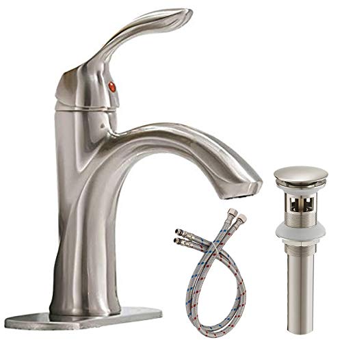 BATHLAVISH Bathroom Faucet Brushed Nickel Single Handle One Hole Vanity Satin Sink with Pop Up Drain Assembly Bath with Overflow Stream Basin Mixer Tap Lavatory Commercial Supply Line