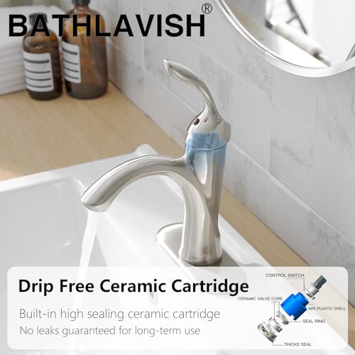 BATHLAVISH Bathroom Faucet Brushed Nickel Single Handle One Hole Vanity Satin Sink with Pop Up Drain Assembly Bath with Overflow Stream Basin Mixer Tap Lavatory Commercial Supply Line