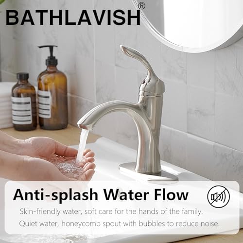 BATHLAVISH Bathroom Faucet Brushed Nickel Single Handle One Hole Vanity Satin Sink with Pop Up Drain Assembly Bath with Overflow Stream Basin Mixer Tap Lavatory Commercial Supply Line