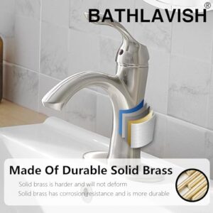 BATHLAVISH Bathroom Faucet Brushed Nickel Single Handle One Hole Vanity Satin Sink with Pop Up Drain Assembly Bath with Overflow Stream Basin Mixer Tap Lavatory Commercial Supply Line