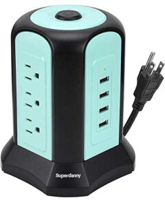 power strip tower surge protector, superdanny desktop charging station, 10 ft extension cord, 9 outlets, 4 usb ports, 1080 joules, 3-prong, grounded, multiple protections for home, office, blue