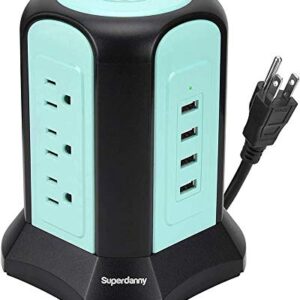 Power Strip Tower Surge Protector, SUPERDANNY Desktop Charging Station, 10 Ft Extension Cord, 9 Outlets, 4 USB Ports, 1080 Joules, 3-Prong, Grounded, Multiple Protections for Home, Office, Blue