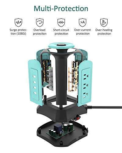Power Strip Tower Surge Protector, SUPERDANNY Desktop Charging Station, 10 Ft Extension Cord, 9 Outlets, 4 USB Ports, 1080 Joules, 3-Prong, Grounded, Multiple Protections for Home, Office, Blue