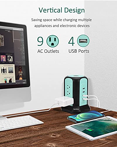 Power Strip Tower Surge Protector, SUPERDANNY Desktop Charging Station, 10 Ft Extension Cord, 9 Outlets, 4 USB Ports, 1080 Joules, 3-Prong, Grounded, Multiple Protections for Home, Office, Blue