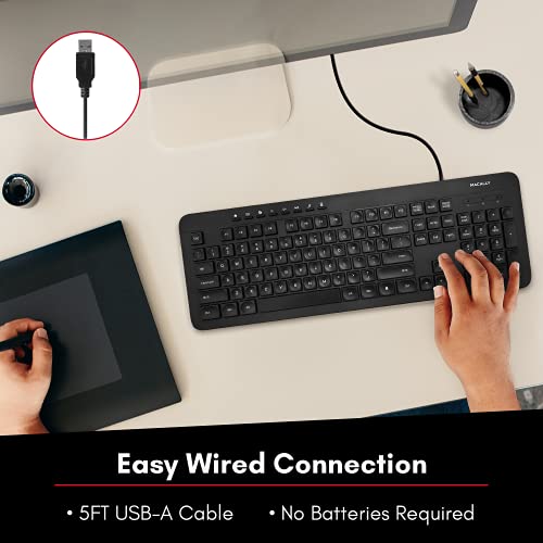 Macally Wired Keyboard, Ergonomic Computer Keyboard Wired - Slim External Keyboard for Laptop and Desktop - USB Keyboard with 5ft Cable and Numeric Keypad - Windows PC Keyboard for Office and Home