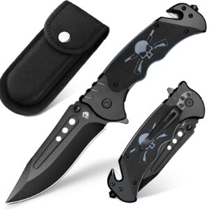 nedfoss grizzly pocket knife tactical folding knife with glass breaker and seatbelt cutter, unique skull g10 handle, christmas gifts for men women, cool survival knife for emergency rescue