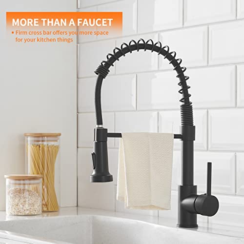 OWOFAN Black Kitchen Faucet with Pull Down Sprayer Stainless Steel Single Handle Pull Out Spring Sink Faucets 1 Hole Or 3 Hole Dual Function for Farmhouse Camper Laundry Utility Rv Wet Bar