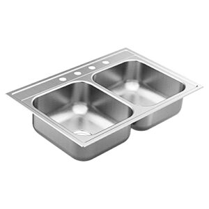 moen gs182154q 1800 series 33-inch 18 gauge drop-in double bowl stainless steel kitchen sink, 7-inch depth, featuring quickmount