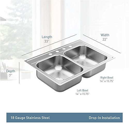 Moen GS182154Q 1800 Series 33-inch 18 Gauge Drop-in Double Bowl Stainless Steel Kitchen Sink, 7-inch Depth, Featuring QuickMount