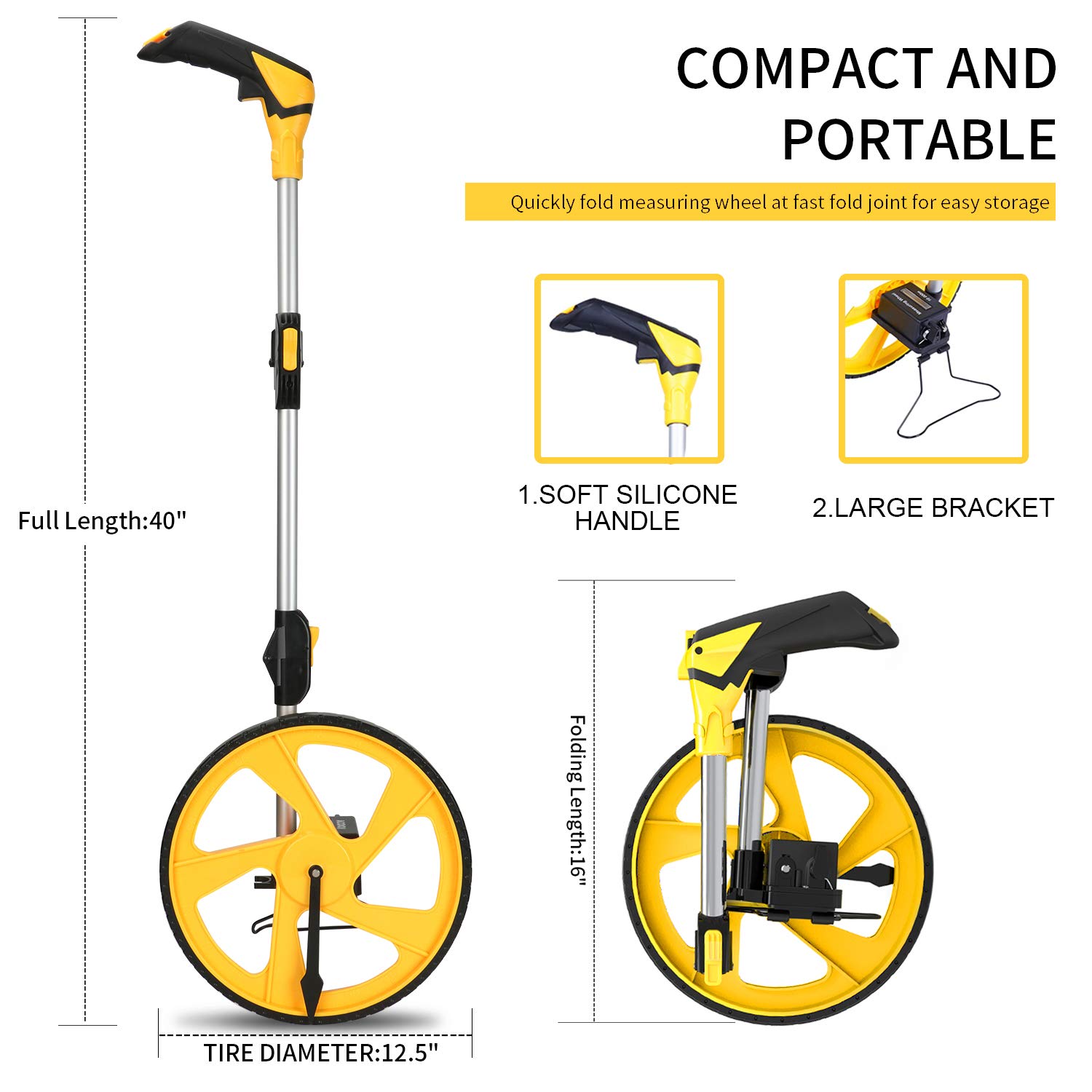 Zozen Measuring Wheel in Feet and Inches, Collapsible with One key to Zero, Kickstand, Starting Point Arrow and Cloth Carrying Bag, Measurement 0-9,999 Ft.