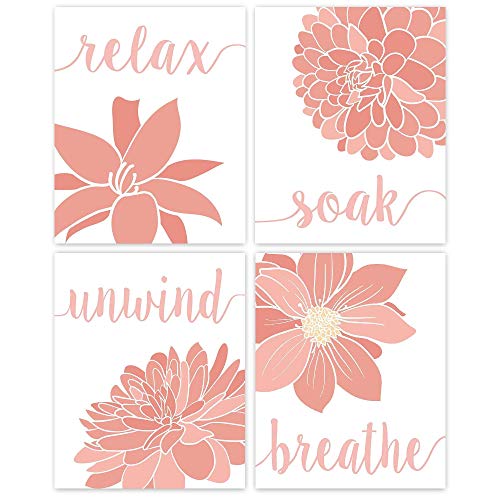 Relax Soak Unwind Breathe Pink White Blend Bath Flowers Prints, 4 (8x10) Unframed Photos, Wall Art Decor Gifts Under 20 for Home Office Studio College Student Teacher Floral Garden Yoga Inspired Fans