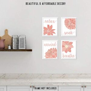 Relax Soak Unwind Breathe Pink White Blend Bath Flowers Prints, 4 (8x10) Unframed Photos, Wall Art Decor Gifts Under 20 for Home Office Studio College Student Teacher Floral Garden Yoga Inspired Fans