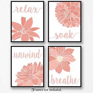 Relax Soak Unwind Breathe Pink White Blend Bath Flowers Prints, 4 (8x10) Unframed Photos, Wall Art Decor Gifts Under 20 for Home Office Studio College Student Teacher Floral Garden Yoga Inspired Fans