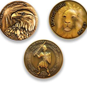 Logos Trading Post Antique Gold Plated Christian Challenge Coins | Eagle Coin, Lion of Judah Man of God Coin, Armor of God Coin | Value Variety Pack of 3 | Assortment 1