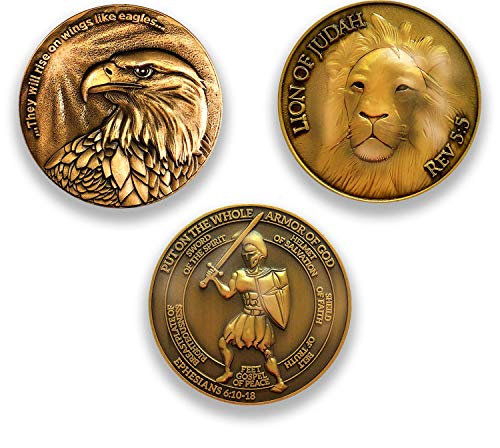 Logos Trading Post Antique Gold Plated Christian Challenge Coins | Eagle Coin, Lion of Judah Man of God Coin, Armor of God Coin | Value Variety Pack of 3 | Assortment 1