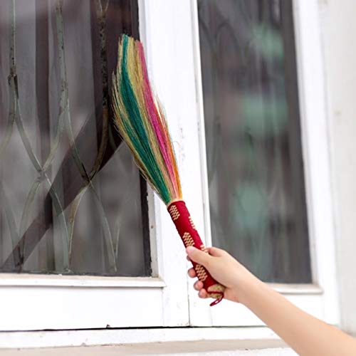 14 inch 0verall Length of Colorful Dusting Brushes Grass Broom Bamboo Embroidered Woven Nylon Thread Handle for Sweeping Dirt, Dust, Debris Ceiling Wall, Cabinet