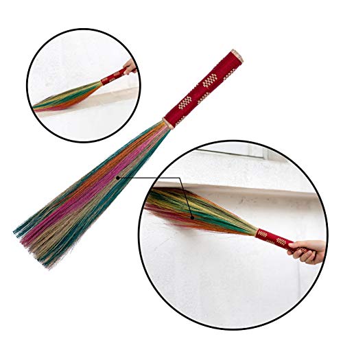 14 inch 0verall Length of Colorful Dusting Brushes Grass Broom Bamboo Embroidered Woven Nylon Thread Handle for Sweeping Dirt, Dust, Debris Ceiling Wall, Cabinet