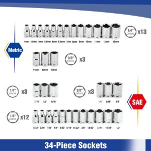 WORKPRO 39-Piece Drive Socket Set 1/4''3/8'', CR-V Metric and Imperial Sockets with Quick-Release Ratchet Wrench, Compact Sockets Set for Car Repair