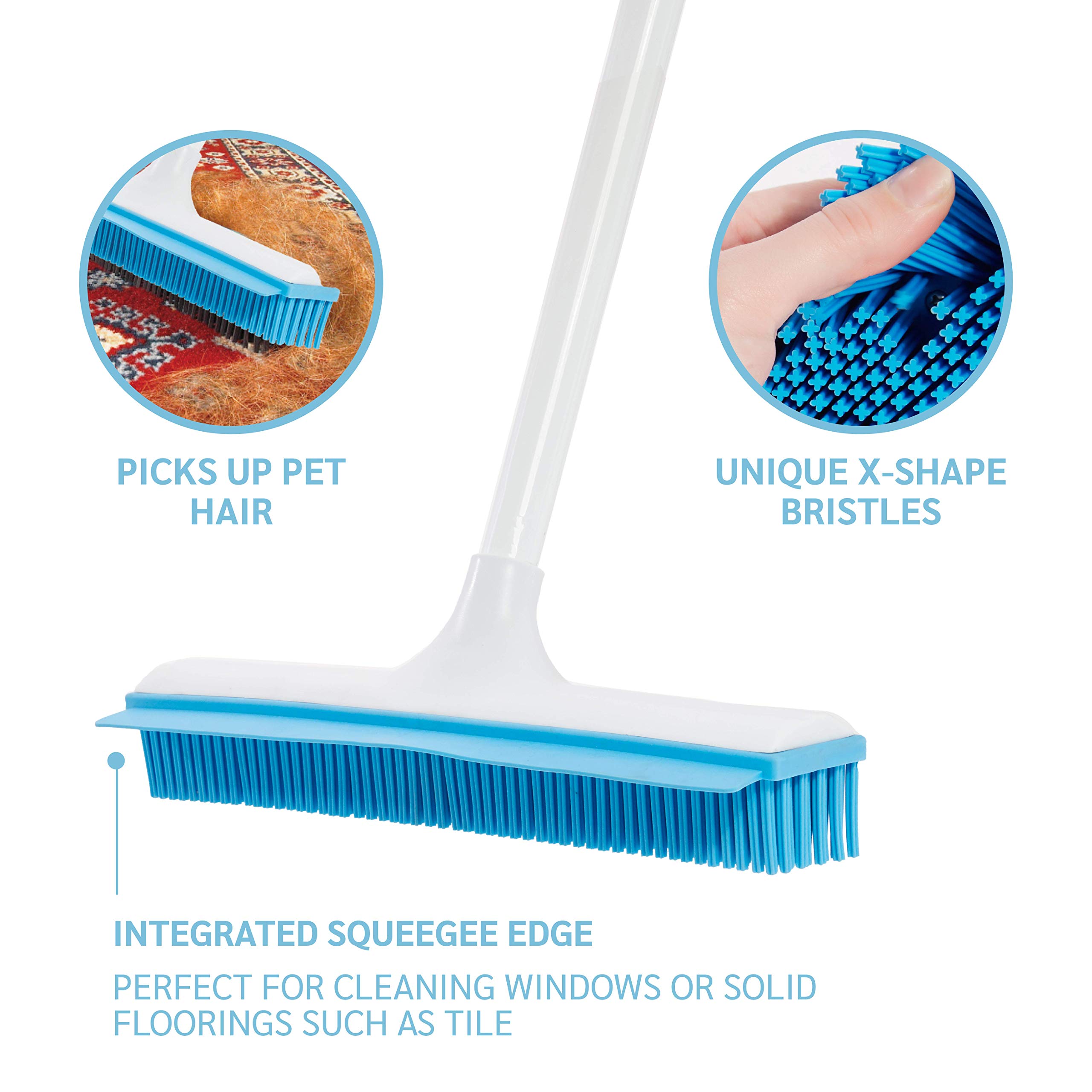 X-Broom- All Purpose Rubber Bristle Carpet Broom with Full-Length Squeegee to Remove Pet Hair, Dust, Dirt, Water