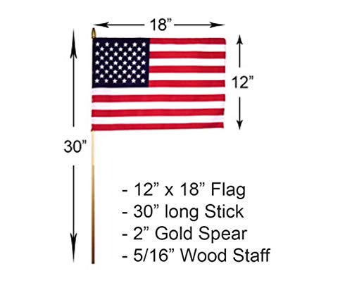 GIFTEXPRESS 12-Pack Made in USA 12x18 Inch US Stick Flags with Spear Tip, 12in x18 inch Handheld American Stick Flags, Grave Marker American Flags, Cemetery Flags on 30" Dowel with 2’’gold Tip