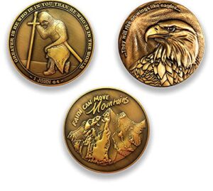christian challenge coins, zinc-alloy with antique gold-color plating | task ahead i can do all things coin, eagle coin, faith can move mountains coin | value variety pack of 3 | assortment 2