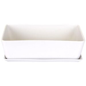 BambooMN Ceramic Succulent Pots - 1 Pot - Short Rectangle - with Ceramic Tray - White - 10.1"