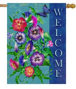 dyrenson spring summer pansies flower 28 x 40 house flag large double sided welcome quote, floral house garden yard decoration, home butterfly decorative seasonal outdoor décor burlap flag