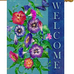 Dyrenson Spring Summer Pansies Flower 28 x 40 House Flag Large Double Sided Welcome Quote, Floral House Garden Yard Decoration, Home Butterfly Decorative Seasonal Outdoor Décor Burlap Flag