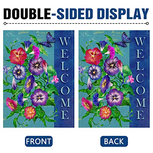 Dyrenson Spring Summer Pansies Flower 28 x 40 House Flag Large Double Sided Welcome Quote, Floral House Garden Yard Decoration, Home Butterfly Decorative Seasonal Outdoor Décor Burlap Flag