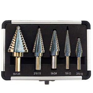 vila 5-pieces high speed steel drill set, triangle-shaped with round handle, multiple hole sizes, aluminum case included, for laminates, plastics, plywood, acrylic, thin metal