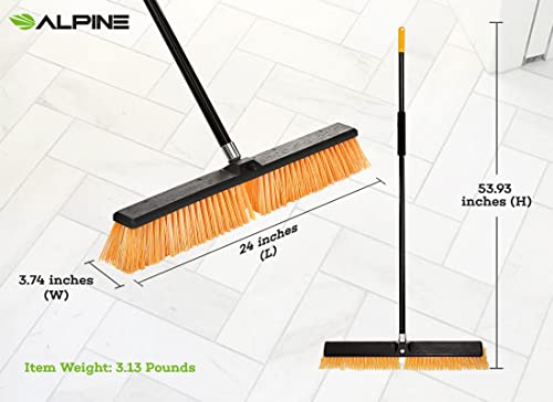 Alpine Heavy Duty Push Broom for Floor Cleaning Stiff Bristle Brush for Shop, Deck, Garage, Concrete for Indoor & Outdoor Sweeping Broom (Orange -24 inches)