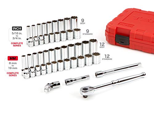 TEKTON 3/8 Inch Drive 12-Point Socket and Ratchet Set, 46-Piece (5/16-3/4 in., 8-19 mm) | SKT15302