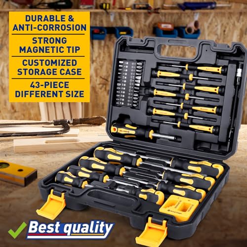 Magnetic Screwdrivers Set with Case, Amartisan 43-piece Includs Slotted, Phillips, Hex, Pozidriv,Torx and Precision Screwdriver Set, Magnetizer Demagnetizer Tools, Tools for Men