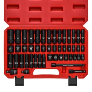 casoman 3/8" drive impact socket set, 48 piece standard sae and metric sizes (5/16-inch to 3/4-inch and 8-22 mm), 6 point, cr-v steel socket set