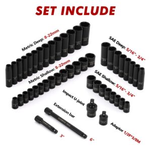 CASOMAN 3/8" Drive Impact Socket Set, 48 Piece Standard SAE and Metric Sizes (5/16-Inch to 3/4-Inch and 8-22 mm), 6 Point, Cr-V Steel Socket Set