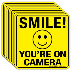 smile you're on camera sign stickers 6 pack - 6 x 6 inches- 4 mil vinyl - laminated for ultimate uv, weather, scratch, water and fade resistance - easy to stick - use for cctv security camera