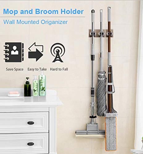 2IN1 No Drilling Broom Mop Holder, Broom Gripper Holds Self Adhesive, Wall Mounted Storage Rack Storage & Organization for Home, Kitchen Pan and Wardrobe Bathroom Garage Laundry Organizer Rack