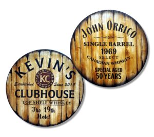 set of 2 personalized barstool replacement seat, personalized bar stools tops, vintage heavy duty stool seat, custom artwork painted on rustic wood inspired by whiskey and wine barrels