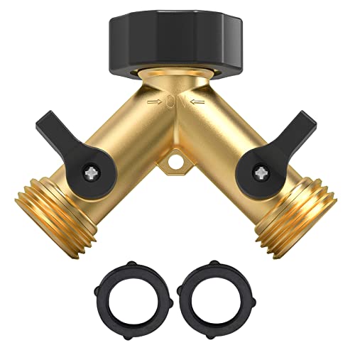 Twinkle Star Garden Hose Splitter 2 Way Heavy Duty, Y Connector Brass Garden Hose Adapter, Hose Bib Splitter with 2 Extra Rubber Washers