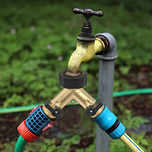 Twinkle Star Garden Hose Splitter 2 Way Heavy Duty, Y Connector Brass Garden Hose Adapter, Hose Bib Splitter with 2 Extra Rubber Washers