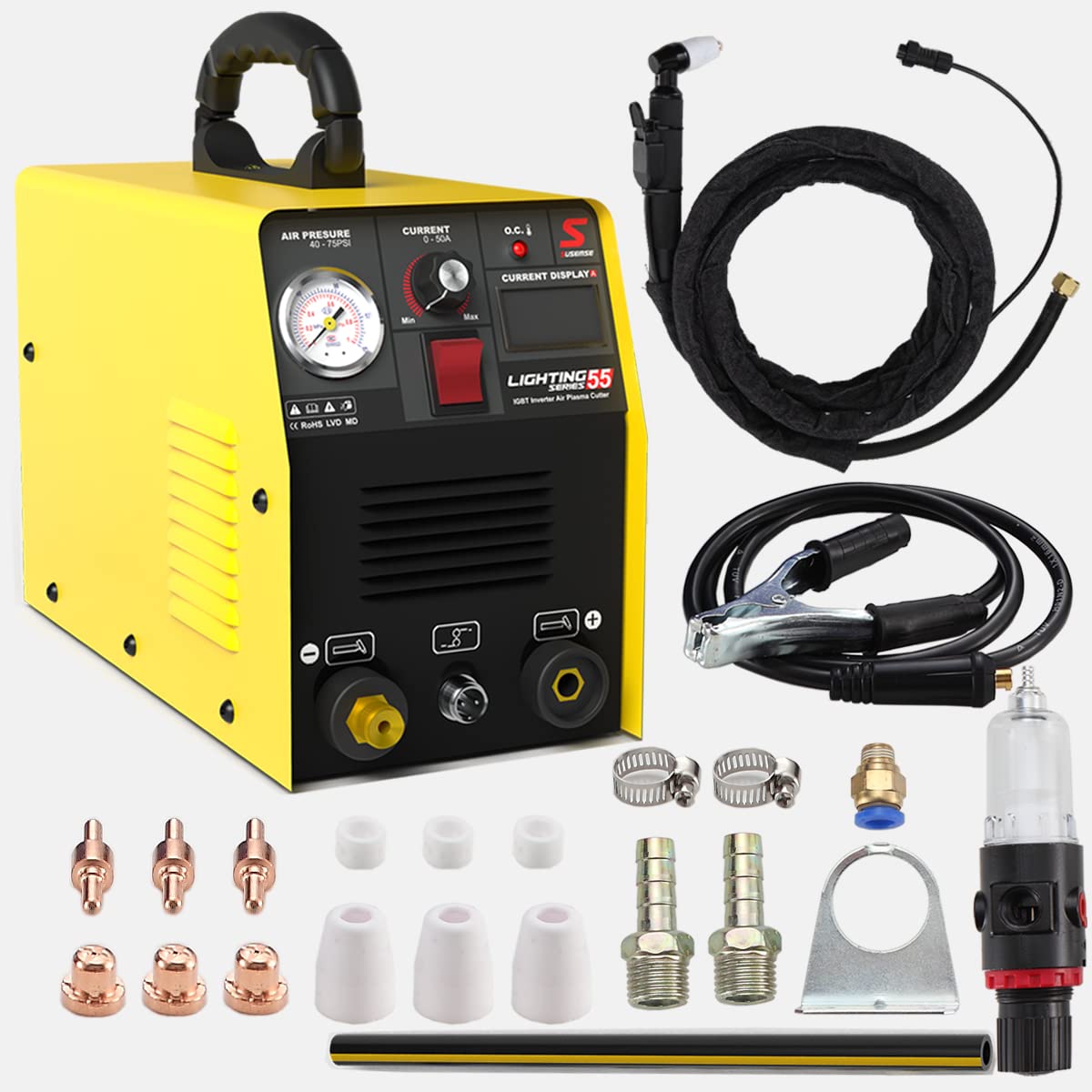 Plasma Cutter 55A Plasma Cutting Machine DC Inverter Plasma Cutting Equipment Dual Voltage 110V 220V with IGBT Technology Electric Digital Display, 1/2 Inch Clean Cut Portable Machine