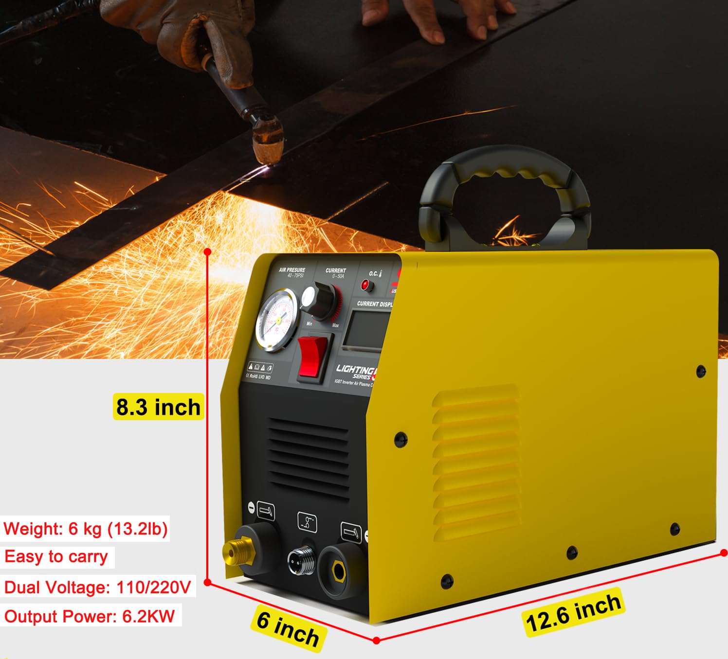 Plasma Cutter 55A Plasma Cutting Machine DC Inverter Plasma Cutting Equipment Dual Voltage 110V 220V with IGBT Technology Electric Digital Display, 1/2 Inch Clean Cut Portable Machine