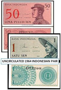 id 1964 gem crisp pair of 1964 indonesian currency (farmer and soldier) choice crisp uncirculated