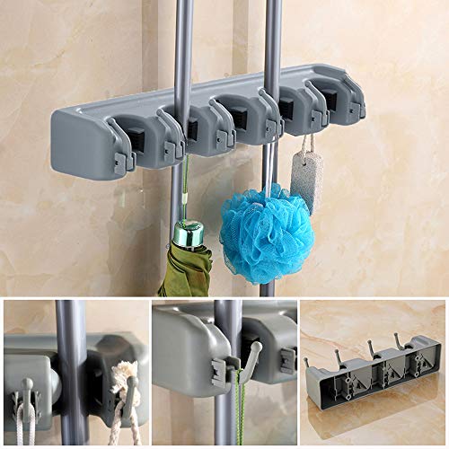 Mop Broom Holder Garden Tools Wall Mounted Organizer Storage Hooks Garage Storage Rack Hanger 5 Position and 6 Hooks for Home Kitchen Garden Organizing